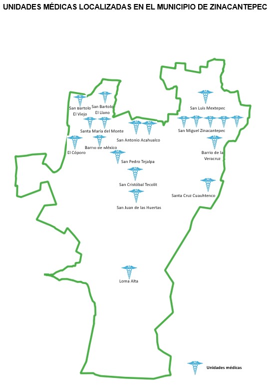Mapa: UNIDADES MÉDICAS LOCALIZADAS EN EL MUNICIPIO DE ZINACANTEPEC