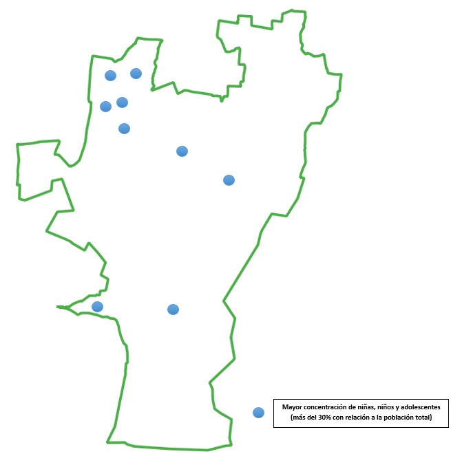 Mapa: MAYOR CONCENTRACIÓN DE NIÑAS, NIÑOS Y ADOLESCENTES EN EL MUNICIPIO DE ZINACANTEPEC