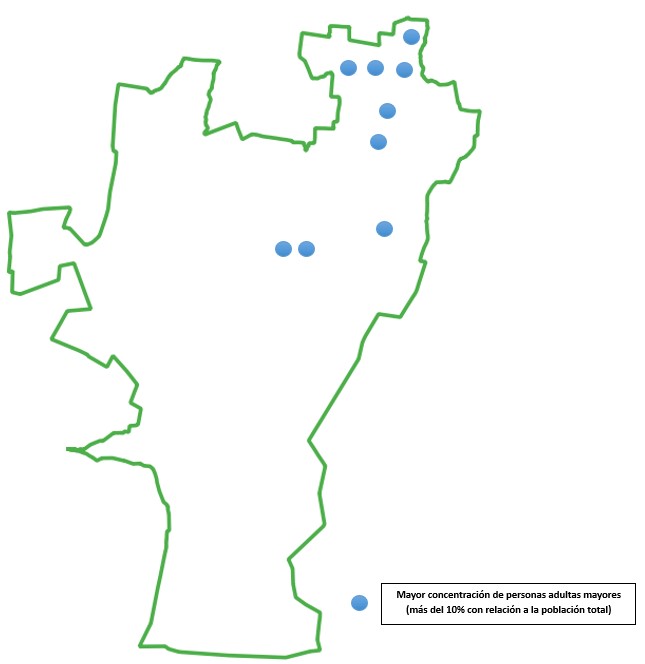 Mapa: MAYOR CONCENTRACIÓN DE PERSONAS ADULTAS MAYORES EN EL MUNICIPIO DE ZINACANTEPEC