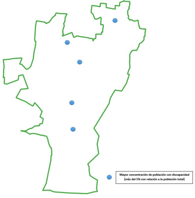 Mapa: MAYOR CONCENTRACIÓN DE PERSONAS CON DISCAPACIDAD EN EL MUNICIPIO DE ZINACANTEPEC